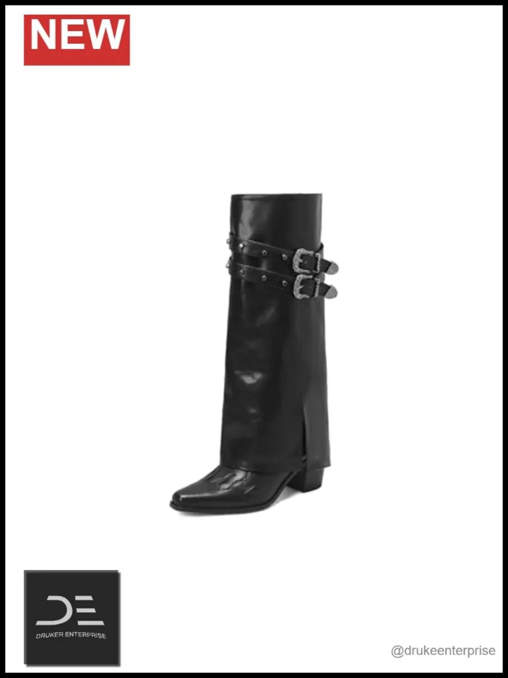 Fold Over Knee High Boots Chunky Block Heel Pull On Wide Calf Embroidered